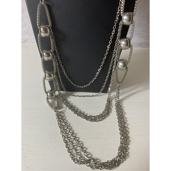 Layered Silver Chain Necklace With Beaded Accents & Multiple Strands - Picture 2 of 4